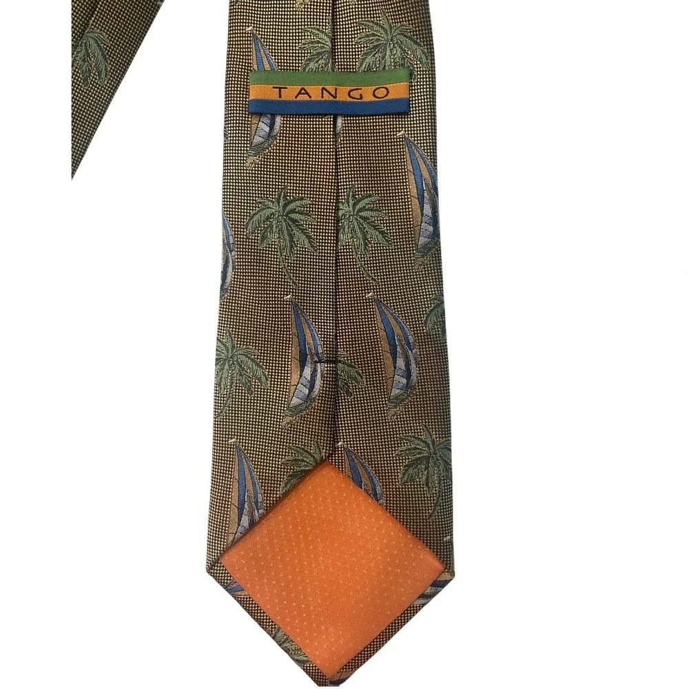 Tango Mens Necktie Palm Tree Sailboat Silk OS Gold Tropical Nautical Summer Tie